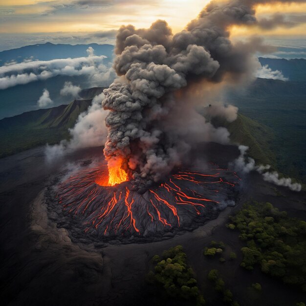 une vue d'oiseau d'un volcan vivant