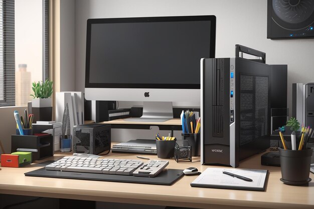 Vue d'un ordinateur personnel 3D avec une station de travail et des articles de bureau