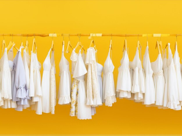 Vue organisée de la mode des porte-vêtements blancs sur fond jaune