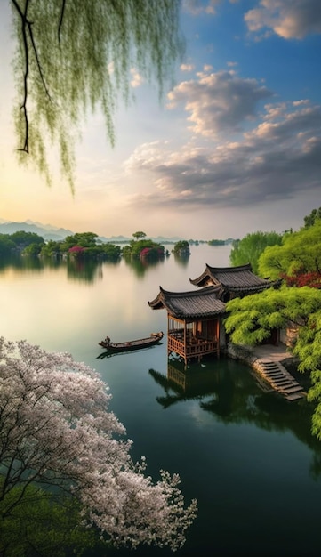 Vue de la pagode dans le lac du milieu avec bateau eau générative ai