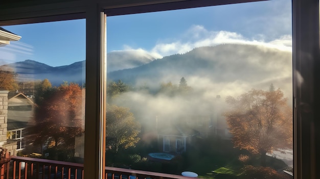 Vue paisible d'une chaîne de montagnes depuis une fenêtre