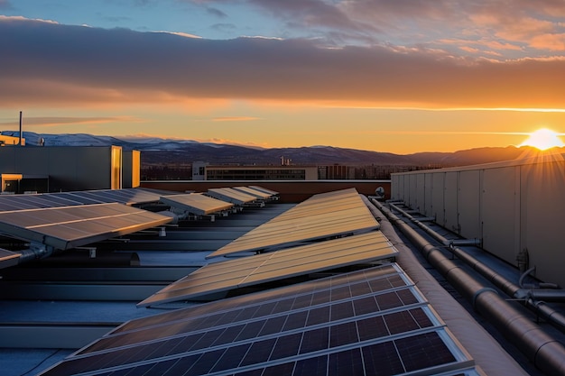 Vue des panneaux solaires et des installations avec un soleil couchant en arrière-plan créé avec une IA générative