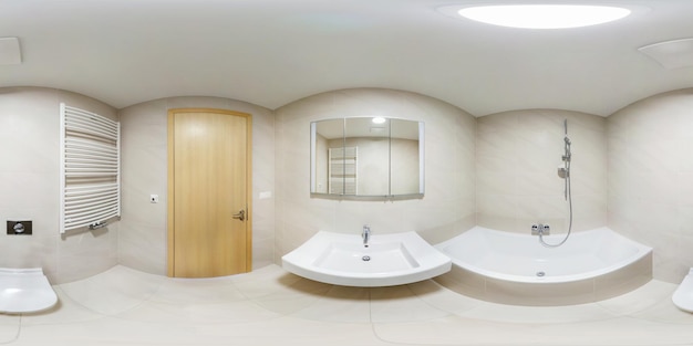 Vue panoramique à 360 degrés dans une salle de bains vide et blanche moderne avec cabine de douche panorama complet à 360 par 180 degrés dans une projection sphérique équirectangulaire contenu skybox VR