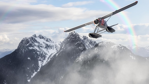 Vue panoramique aérienne du paysage des montagnes Rocheuses canadiennes avec vol en hydravion