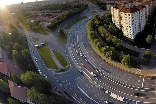 vue panoramique aérienne sphérique sans couture hdri au-dessus de la jonction routière avec la circulation dans la ville surplombant de