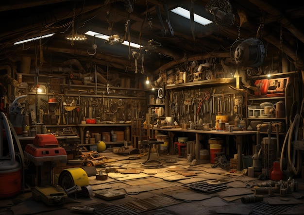 Une vue panoramique d'un atelier de mécanique mettant en valeur le chaos organisé des pièces détachées d'outils