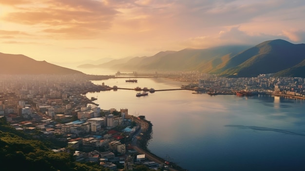 Une vue panoramique sur une baie avec une montagne en arrière-plan.