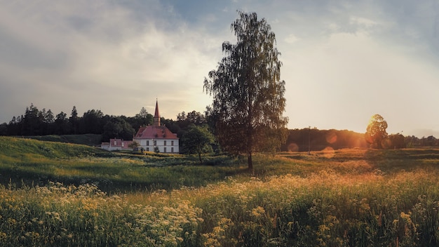 Vue panoramique d'un beau paysage de soirée avec ancien palais. Gatchina. Russie.