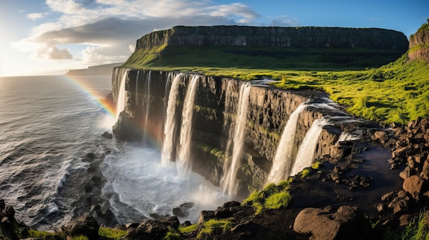 Vue panoramique de la belle cascade avec arc-en-ciel