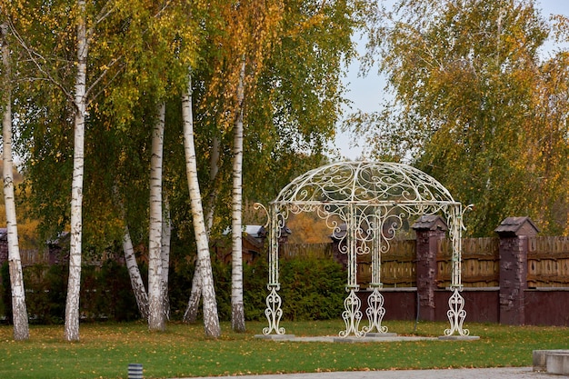 Vue panoramique d'un belvédère vintage blanc à côté de bouleaux. Nature d'automne.