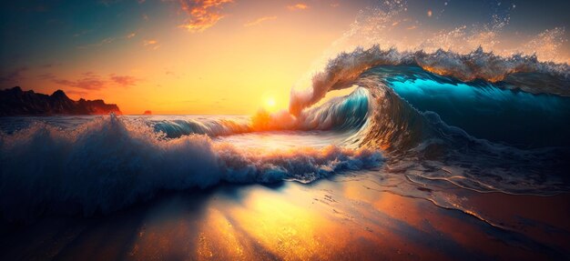 Vue panoramique sur le bord de la mer vagues plage de sable coucher de soleil AI générative