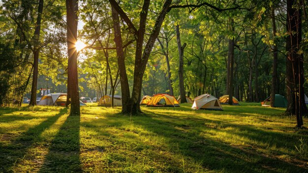 Vue panoramique d'un campement niché dans une forêt luxuriante avec des tentes érigées sous de grands arbres