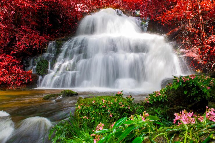 Photo vue panoramique de la cascade dans la forêt