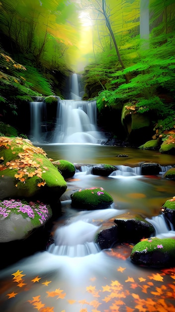 Vue panoramique de la cascade en forêt