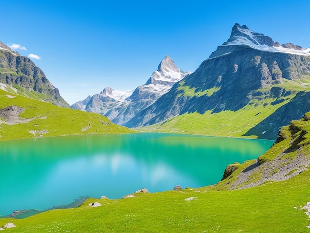 Photo vue panoramique de la chaîne de montagnes bernoise au-dessus du lac bachalpsee attraction touristique populaire