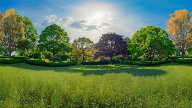 Photo vue panoramique d'un champ couvert d'herbe et rempli de beaux arbres pris pendant la journée