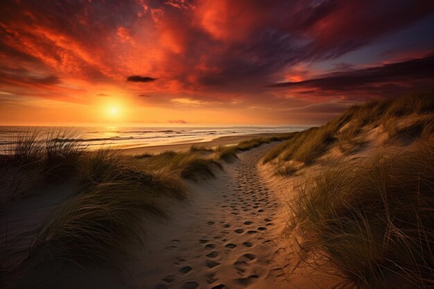 Photo vue panoramique d'un chemin menant à la plage au coucher du soleil