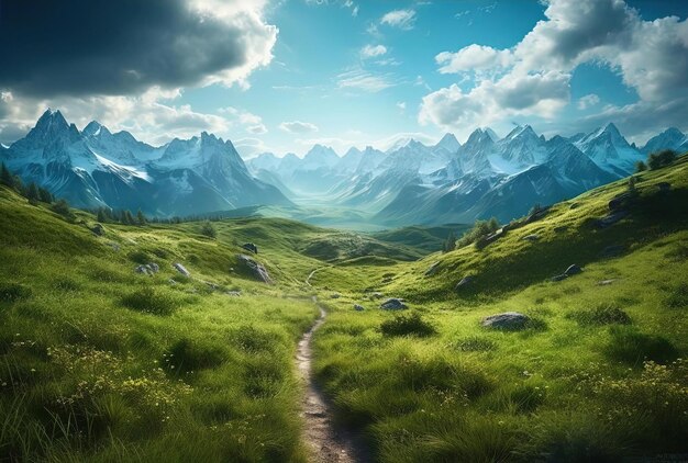 vue panoramique sur le chemin de montagne au milieu des verts pâturages