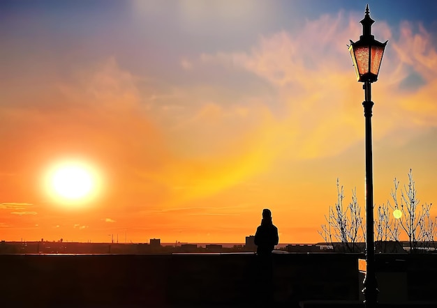 Photo vue panoramique sur le ciel coucher de soleil depuis la promenade de la ville les gens se détendent sur la scène urbaine de la nature