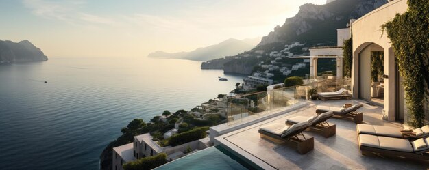 Vue panoramique de la côte d'Amalfi sur des collines avec des fleurs et la mer Campanie Italie Generative ai