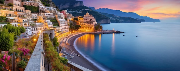 Vue panoramique de la côte amalfitaine sur les collines fleuries et la mer Campanie Italie Ai générative