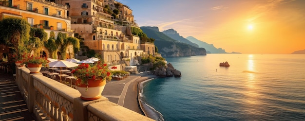 Vue panoramique de la côte amalfitaine sur les collines fleuries et la mer Campanie Italie Ai générative