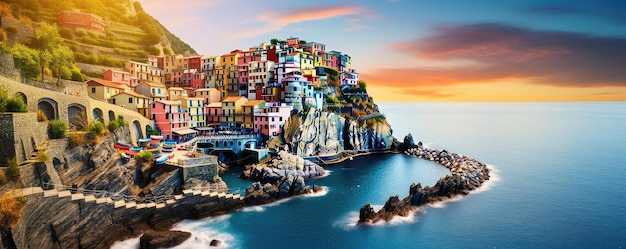 Vue panoramique sur la côte colorée de la ville de Cinque Terre Ligurie Italie Journée ensoleillée Générative ai