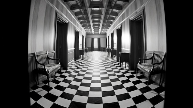 vue panoramique d'un couloir avec un sol à carreaux et un banc génératif ai