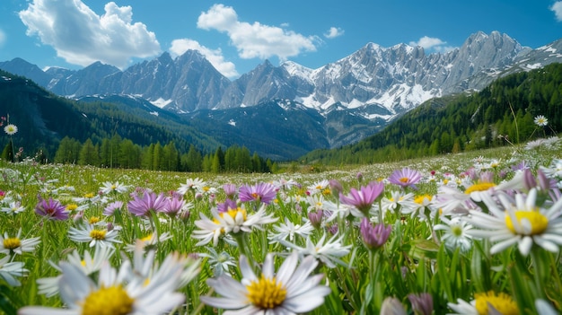 Vue panoramique à couper le souffle de fleurs sauvages vibrantes avec une majestueuse chaîne de montagnes enneigées dans le