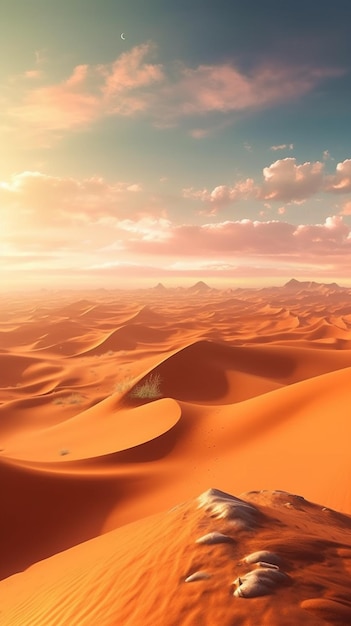 vue panoramique d'un désert avec quelques dunes de sable et quelques nuages génératifs ai
