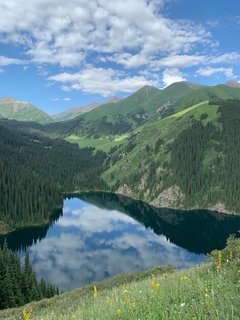 Photo vue panoramique du lac au milieu d'un paysage vert contre le ciel