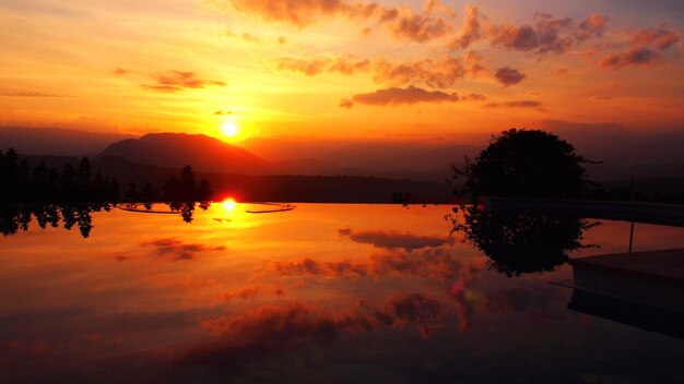 Vue panoramique du lac calme au coucher du soleil