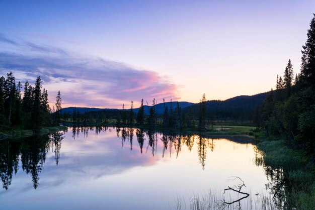 Vue panoramique du lac contre le ciel au coucher du soleil