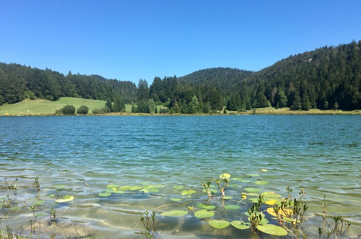 Photo vue panoramique du lac d'eau turquoise