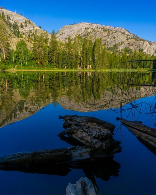 Vue panoramique du lac et des montagnes sur un ciel bleu clair