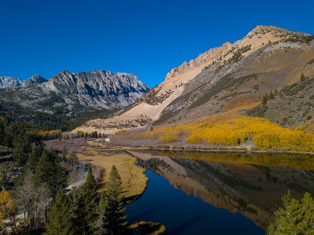 Photo vue panoramique du lac et des montagnes sur un ciel bleu clair