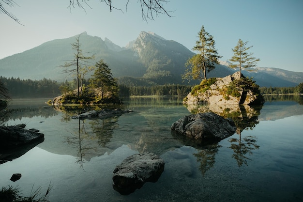 Vue panoramique du lac par les arbres contre le ciel
