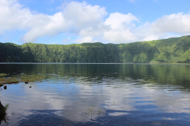 Vue panoramique du lac par les arbres contre le ciel