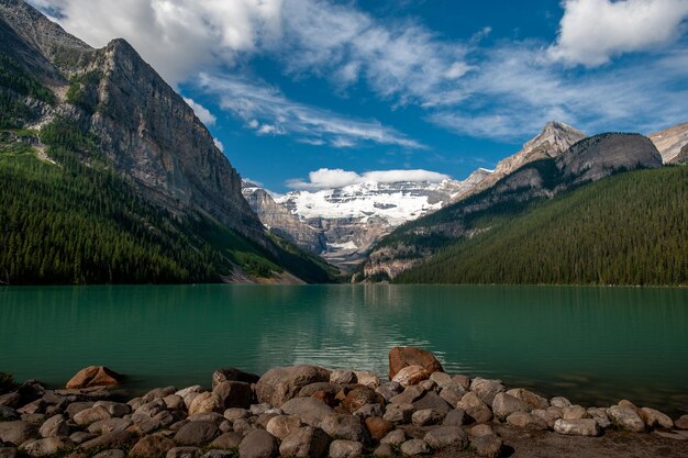 Vue panoramique du lac par les montagnes contre le ciel