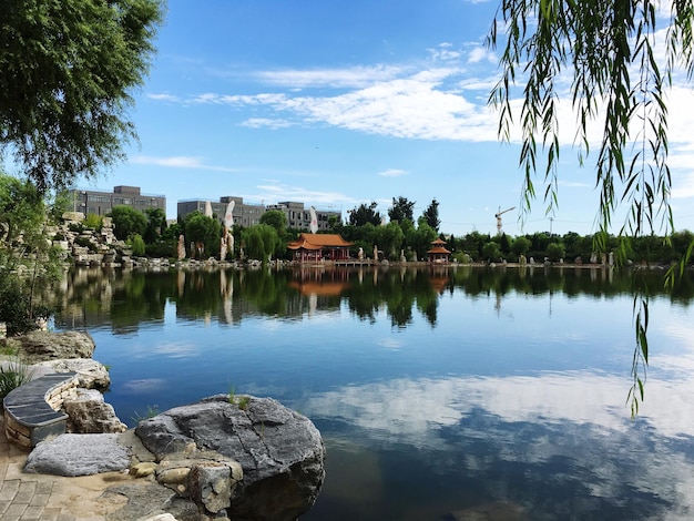 Vue panoramique du lac par ville contre le ciel