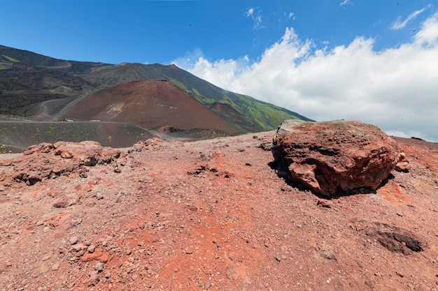 Vue panoramique du mont Etna, cratères éteints sur la pente, traces d'activité volcanique