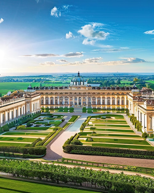 Photo vue panoramique du palais aristocratique montrant l'architecture des jardins magnifiques