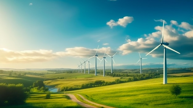 Vue panoramique du parc éolien ou du parc éolien avec de hautes éoliennes pour la production d'électricité avec espace de copie concept d'énergie verte IA générative