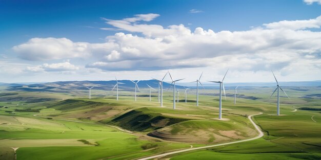 Photo vue panoramique du parc éolien avec des éoliennes de grande hauteur pour la production d'électricité concept d'énergie verte