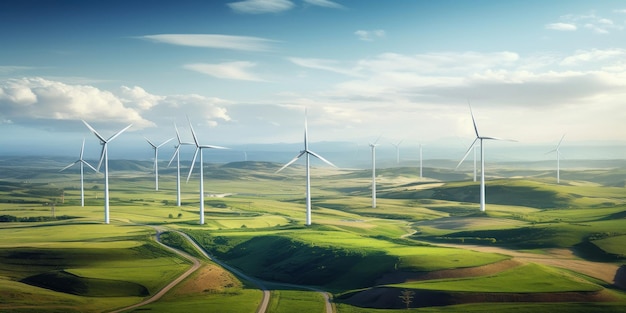 Photo vue panoramique du parc éolien avec des éoliennes de grande hauteur pour la production d'électricité concept d'énergie verte