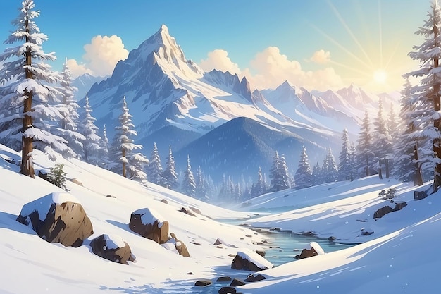 Vue panoramique du paysage montagneux ensoleillé et enneigé illustration de stock