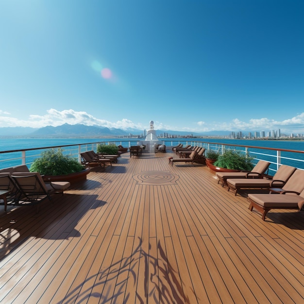 Vue panoramique du pont du navire de croisière Scène nautique en style clipart illustrée pour Social Med