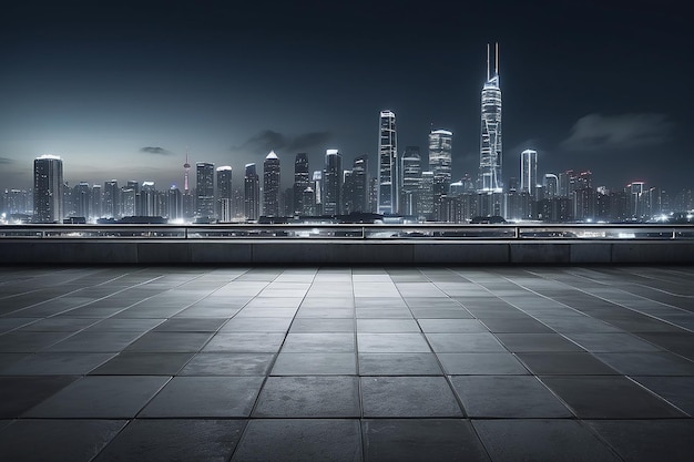 Vue panoramique du sol en carreaux de béton vides avec l'horizon de la ville Scène nocturne