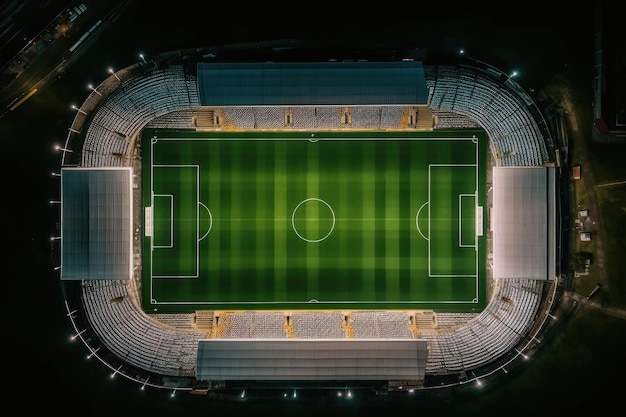 Vue panoramique du stade de football ou de football avec projecteur sur le terrain en herbe Generative Ai