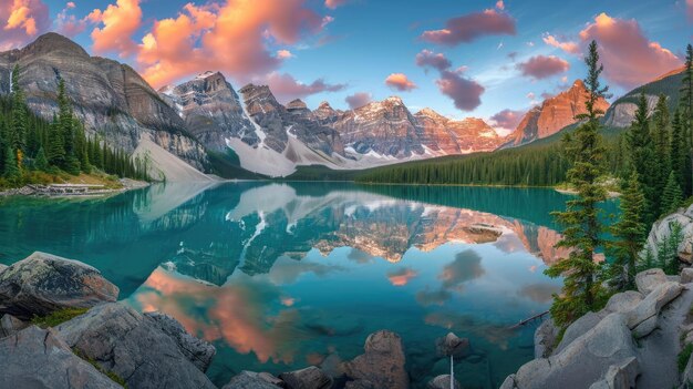 Une vue panoramique époustouflante sur le lac Moraine entouré de majestueuses montagnes dans le parc national de Banff